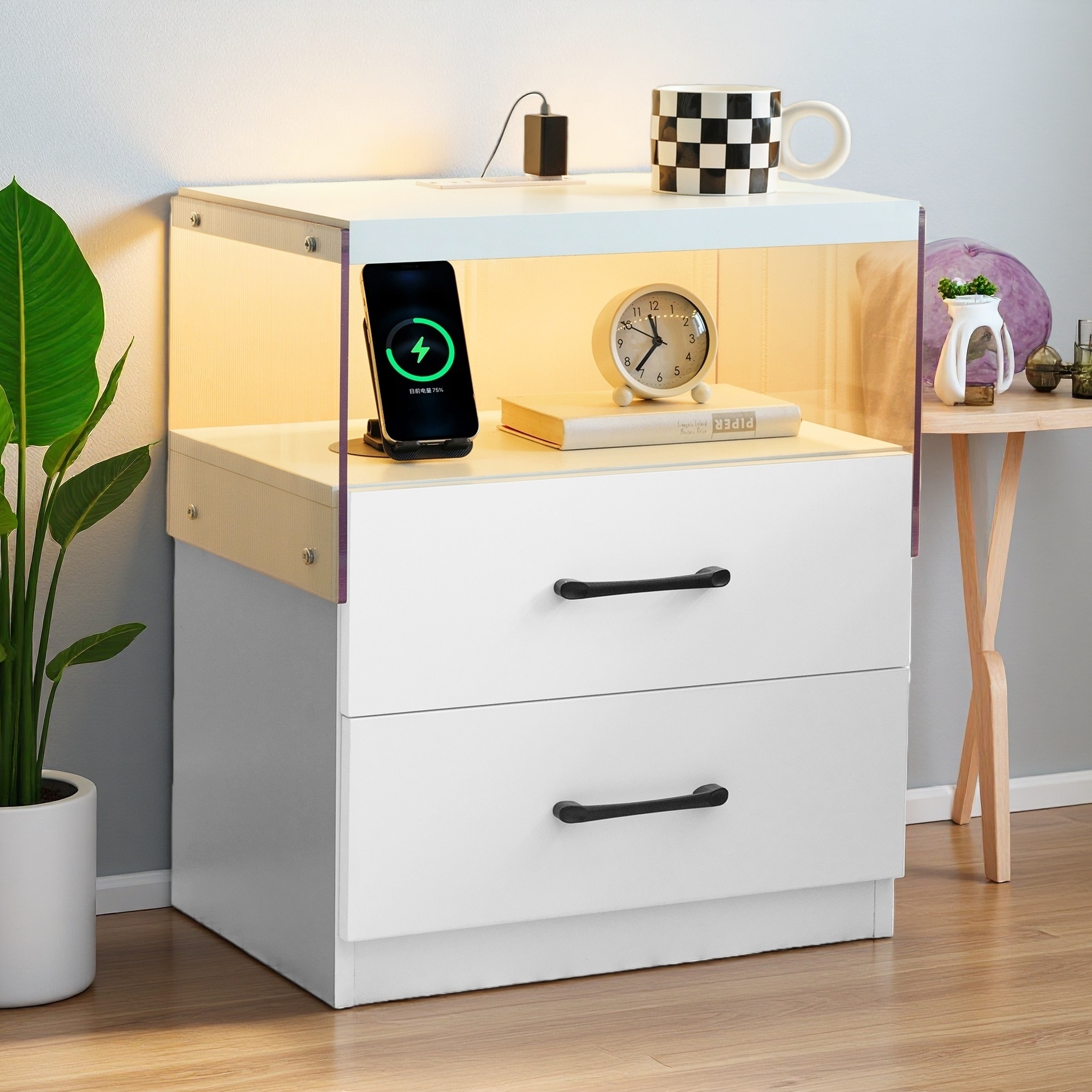 18"L LED Nightstand with 2 Drawers, Adjustable Multi-Color Lights, Bedside & Side Table for Bedroom & Living Room
