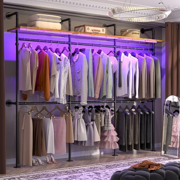 Industrial Pipe Clothing Rack, Reversible 118.3'' Garment Rack with LED Lights& Shelves for Walk-in Closet