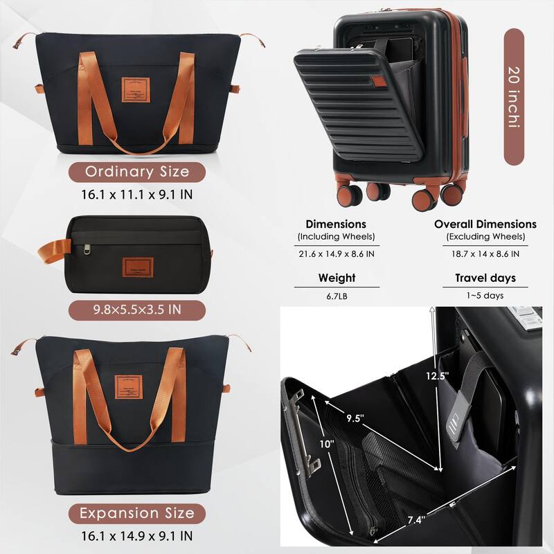 Luggage Sets 4 Piece with USB Charging Ports, Front-Opening Hardside Carry On Suitcase Set with TSA Lock Travel Duffel Bag