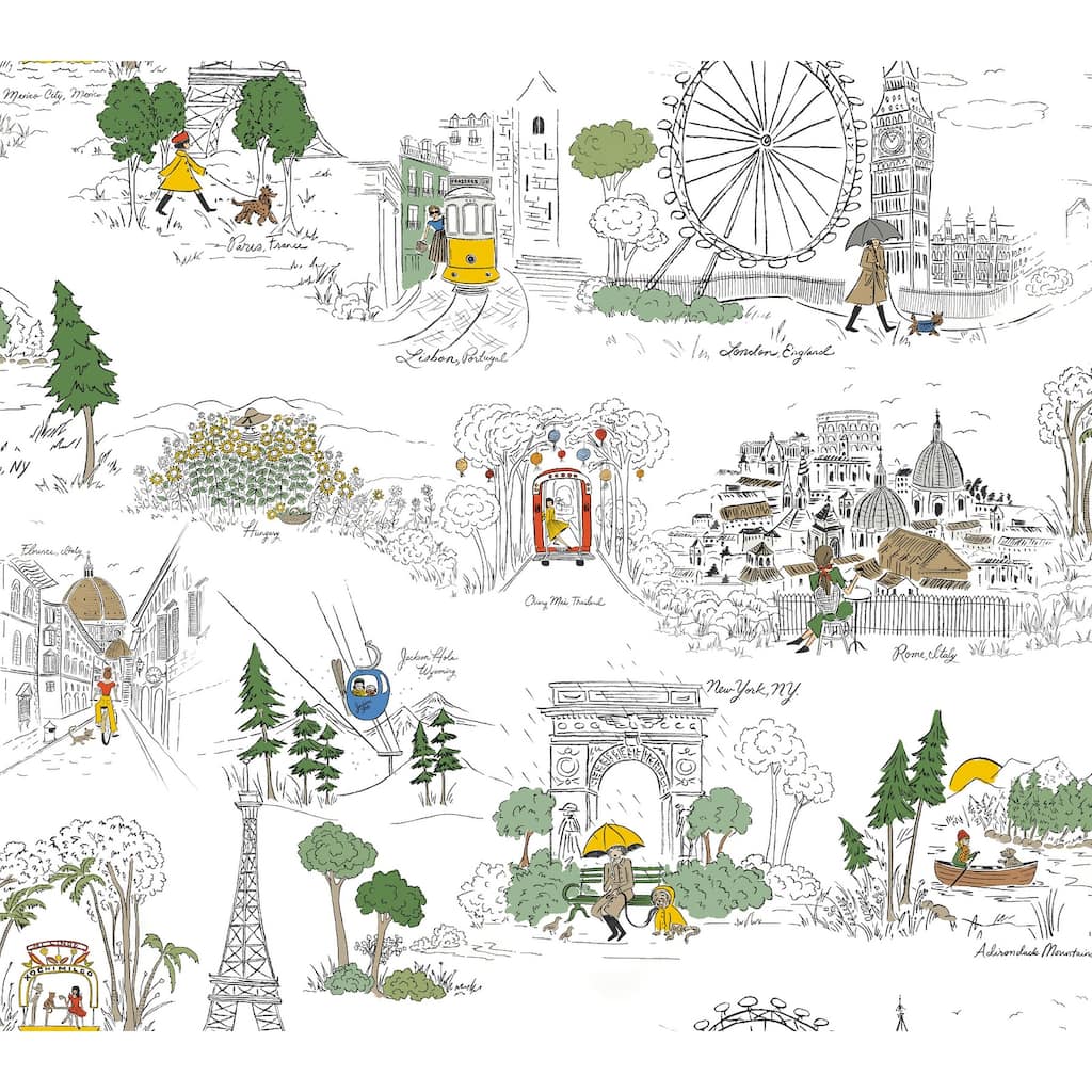 Rifle Paper Co. Travel Sketches Yellow Globetrotter Premium Peel + Stick Wallpaper