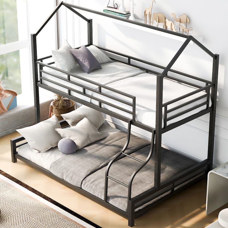 Nestfair Twin over Full Metal House Bunk Bed with Ladder and Slats