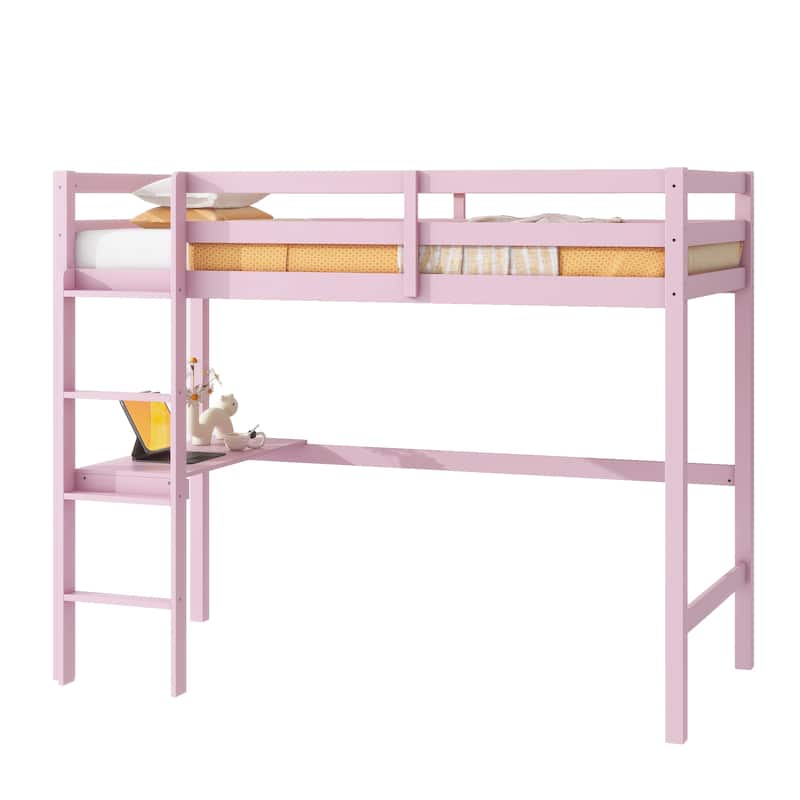 Pink Twin High Loft Bed with Safety Guardrail, Built-in Desk and Ladder, Rubber Wood Construction