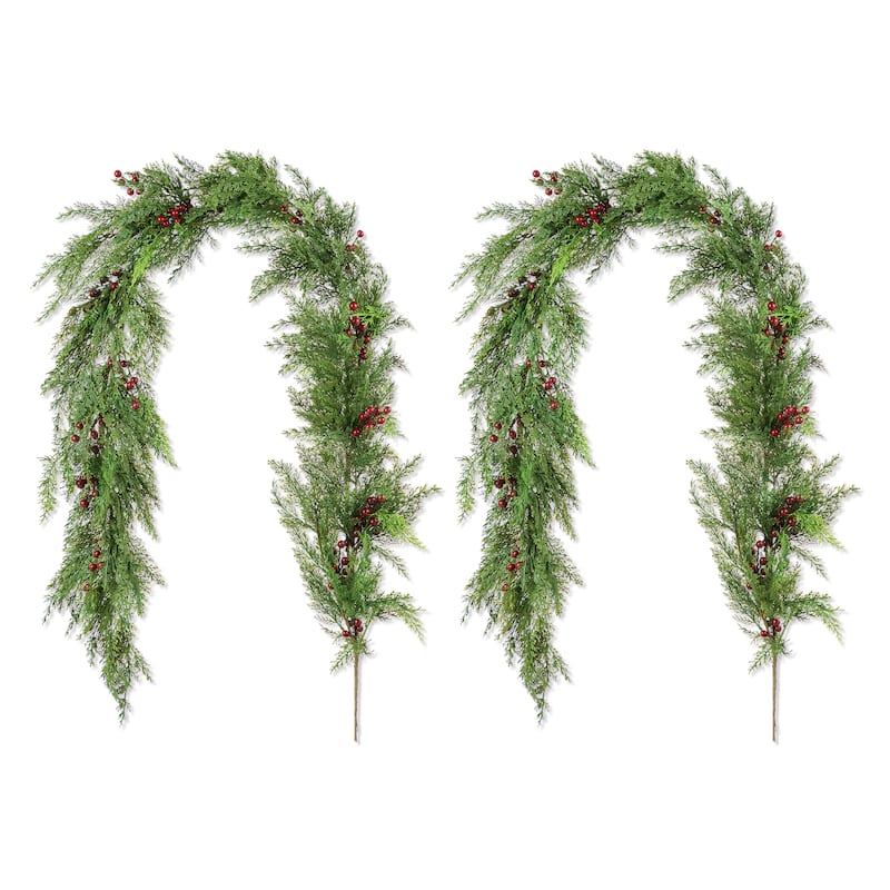 Glizthome 6FT/9FT Christmas Greenery PE Dripping Cedar Garland & 24"D Wreath with Red Berries - Set of 2 - "6ft Garland"