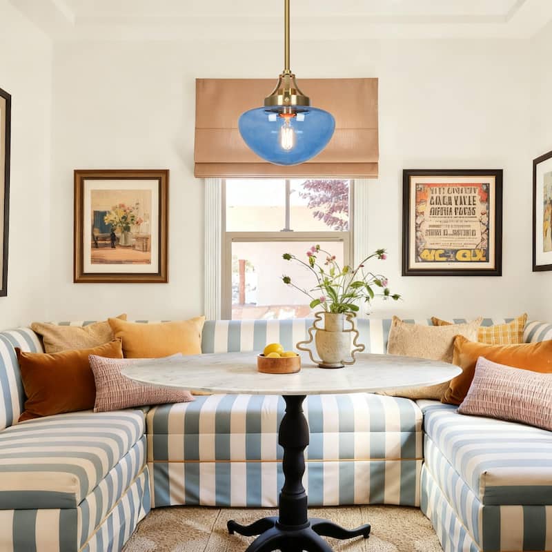 Modern Contemporary 1-Light Gold Kitchen Island Blue Schoolhouse Glass Pendant Lights for Dining Room - 8.5" Dia x 9" H