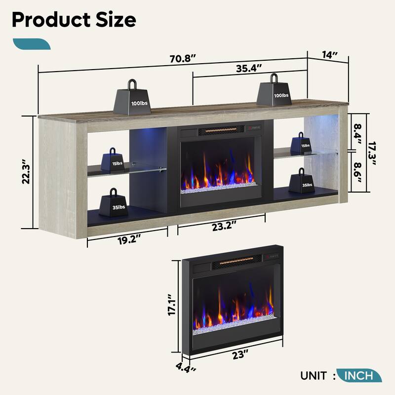 TV Stand for TVs up to 75" with Fireplace, LED Entertainment Center - 71 inch