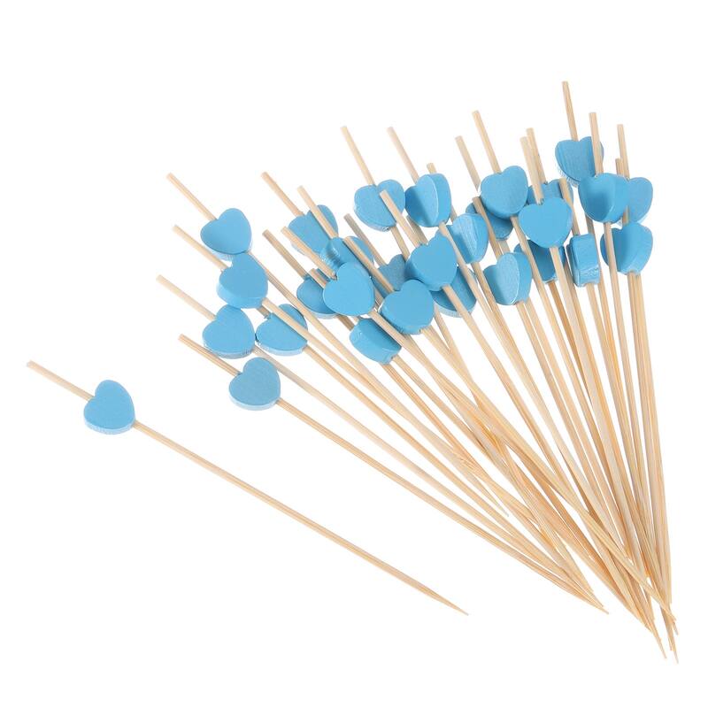 Bamboo Cocktail Toothpicks Heart Drink Fruit Picks Cocktail Skewers 100Pcs - Blue - 4.72"
