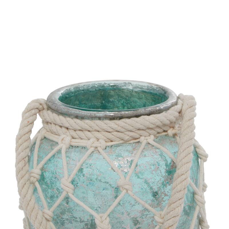 Blue Glass Decorative Indoor Outdoor Candle Lantern with Rope Handle - 7 x 7 x 15