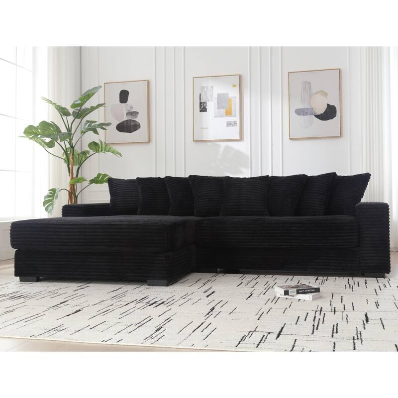 L Shaped Sectional Sleeper Sofa Corduroy Corner Sofa with Chaise Lounge and 8 Throw Pillows, Oversized Modular Daybed