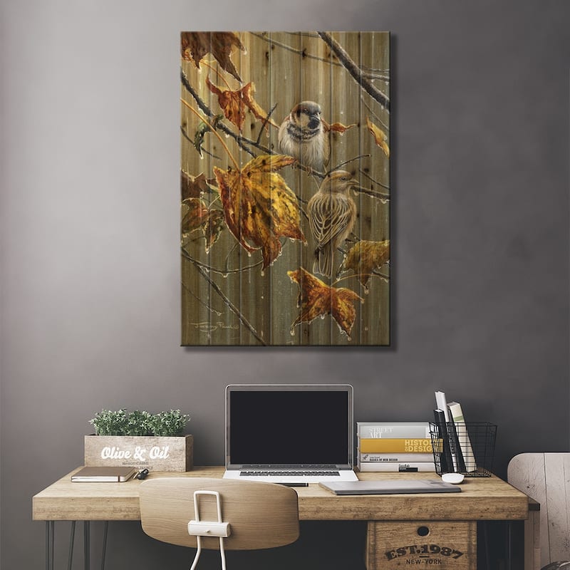 Sparrows In The Rain Print On Wood by Jeremy Paul - Multi-Color