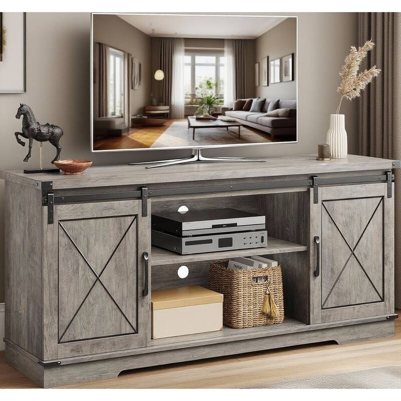 TV Stand, with Sliding Barn Doors, up to 65" - Grey