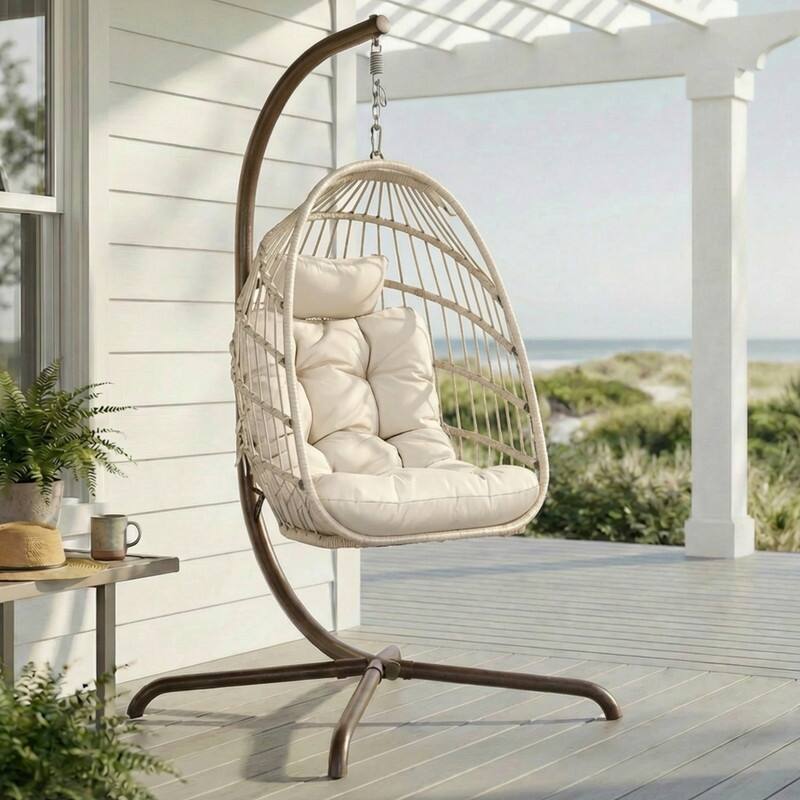 Oversized Wicker Hanging Egg Chair with Stand, Outdoor Indoor Swing Chair with Cushion, 350 lb Capacity - Beige