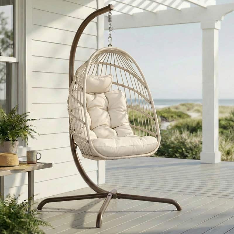 Oversized Wicker Hanging Egg Chair with Stand, Outdoor Indoor Swing Chair with Cushion, 350 lb Capacity