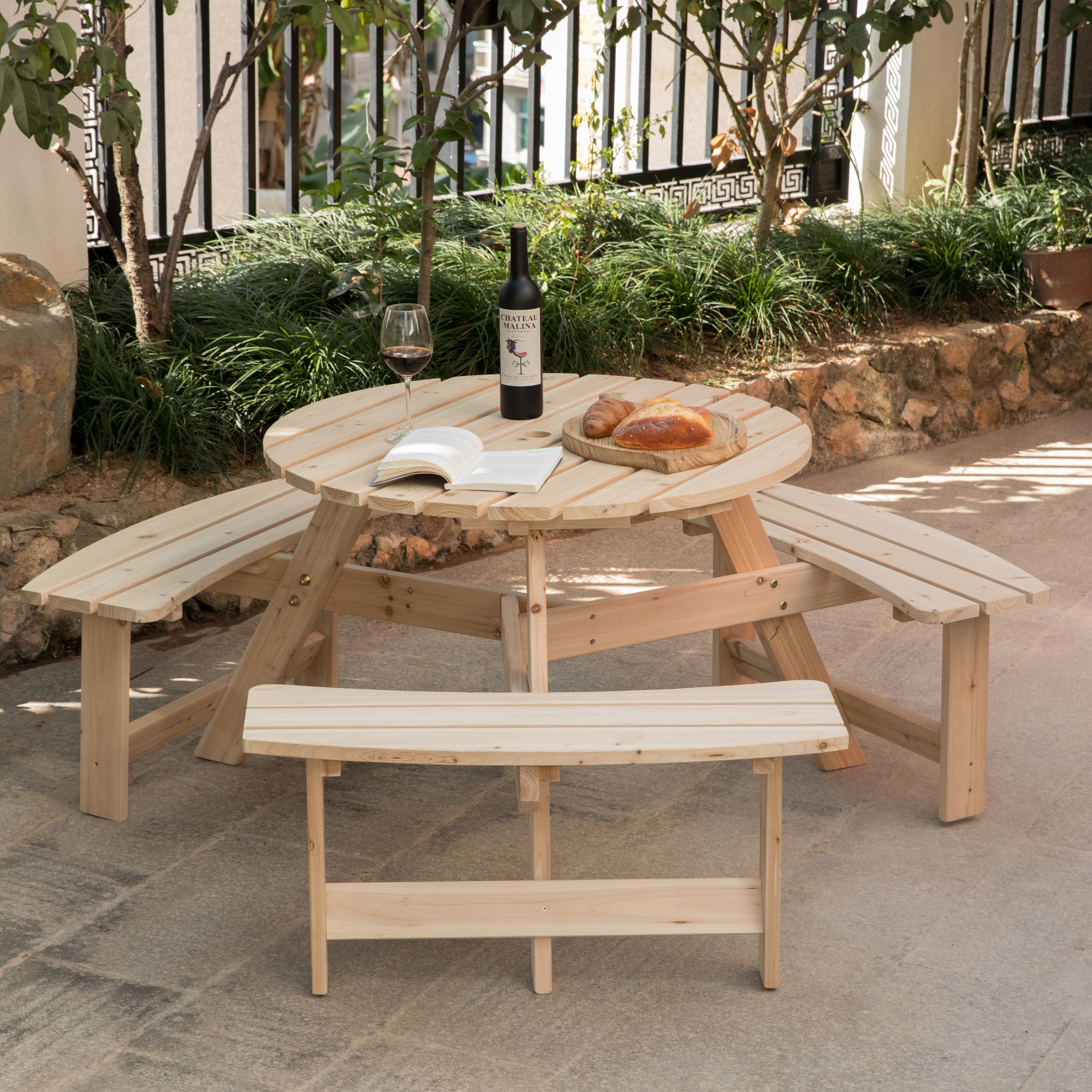 Wooden Outdoor Round Picnic Table w Integrated Bench Seats On