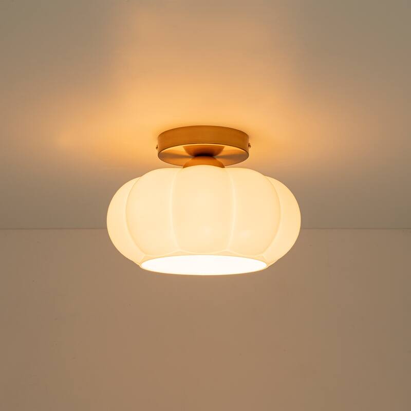 Contemporary 1-Light Dome Ceiling Light with Opal Glass Shape - Brass - 9.8" W × 6.5" H