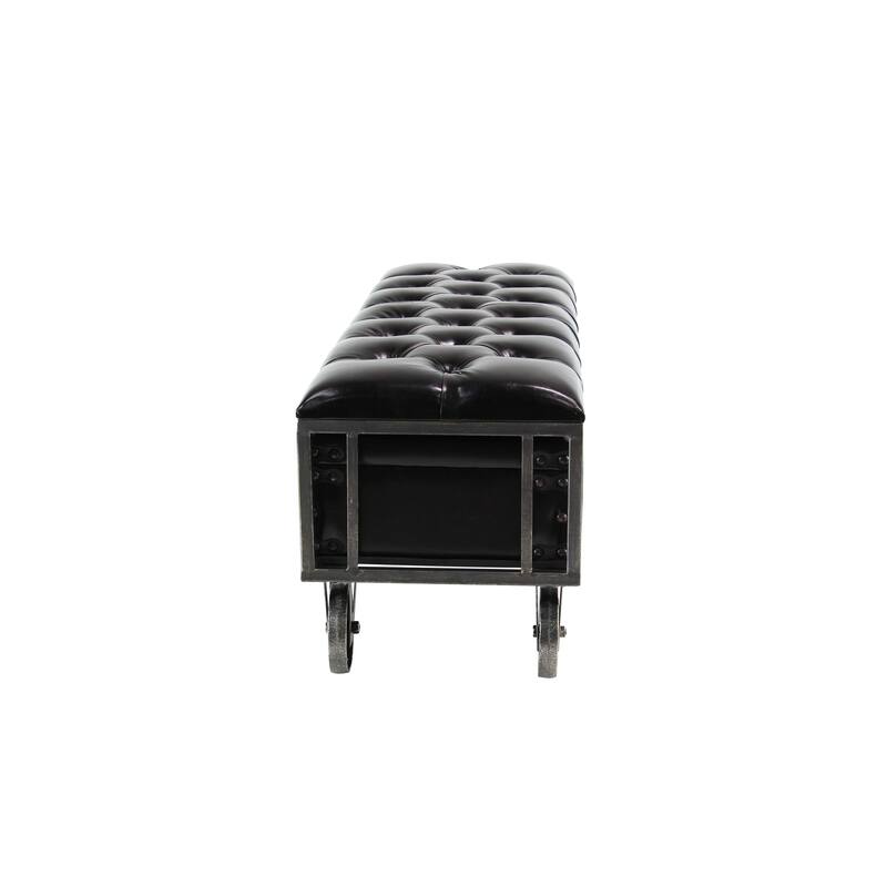 Black Faux Leather Tufted Upholstered 3 Trunk Storage Bench with Industrial Wheels and Gold Studded Accents