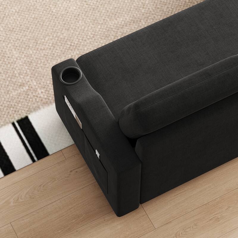 83.5" Convertible Sleeper Sofa - Polyester Sectional Sofa Bed with Pullout Bed and Cup Holder