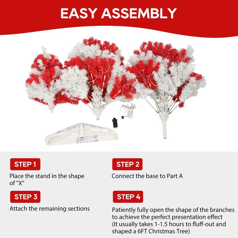 Pre-Lit Artificial Christmas Tree - Candy Cane Design, LED Lights, Bendable Branches - Red,White