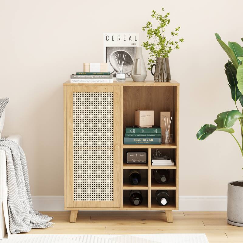 Rossetta 47'' Modern Rattan-Front Door Sideboard Cabinet with Open Shelves and Protective Foot Pads