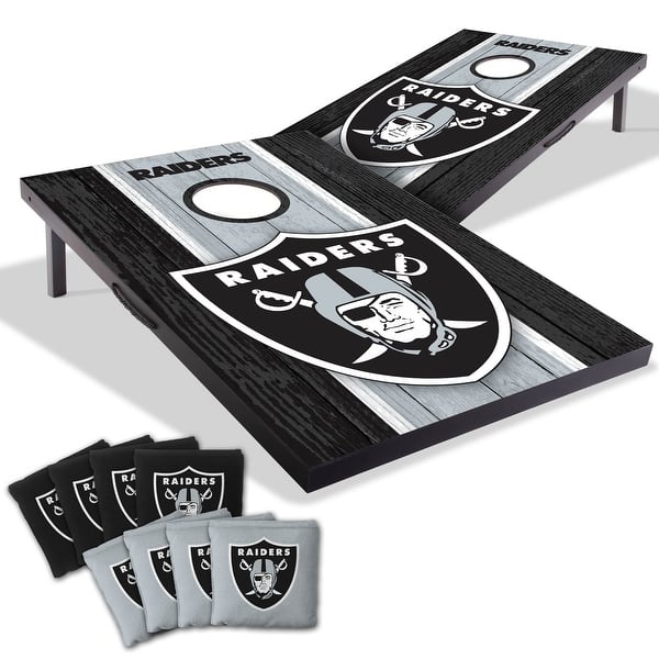 slide 2 of 7, Las Vegas Raiders NFL Compact 2x3 Tailgate Cornhole Board Set Include Carrying Case