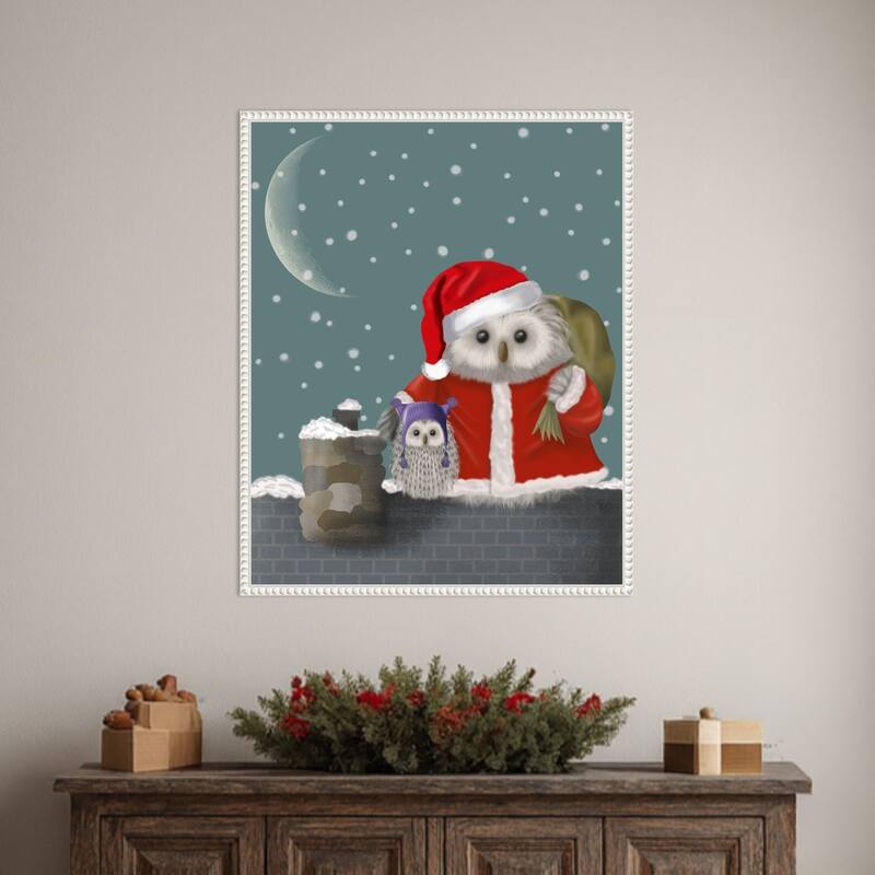 Christmas Santa Owl by Fab Funky (23 x 28 in.), Framed Canvas Wall Art Print - Sylvie Beaded White
