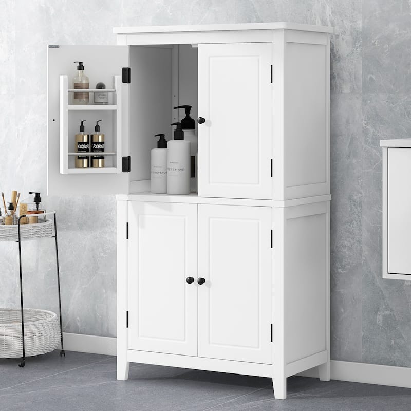 Large Bathroom Waterproof Storage Cabinet with 4 Doors, Shelf - White