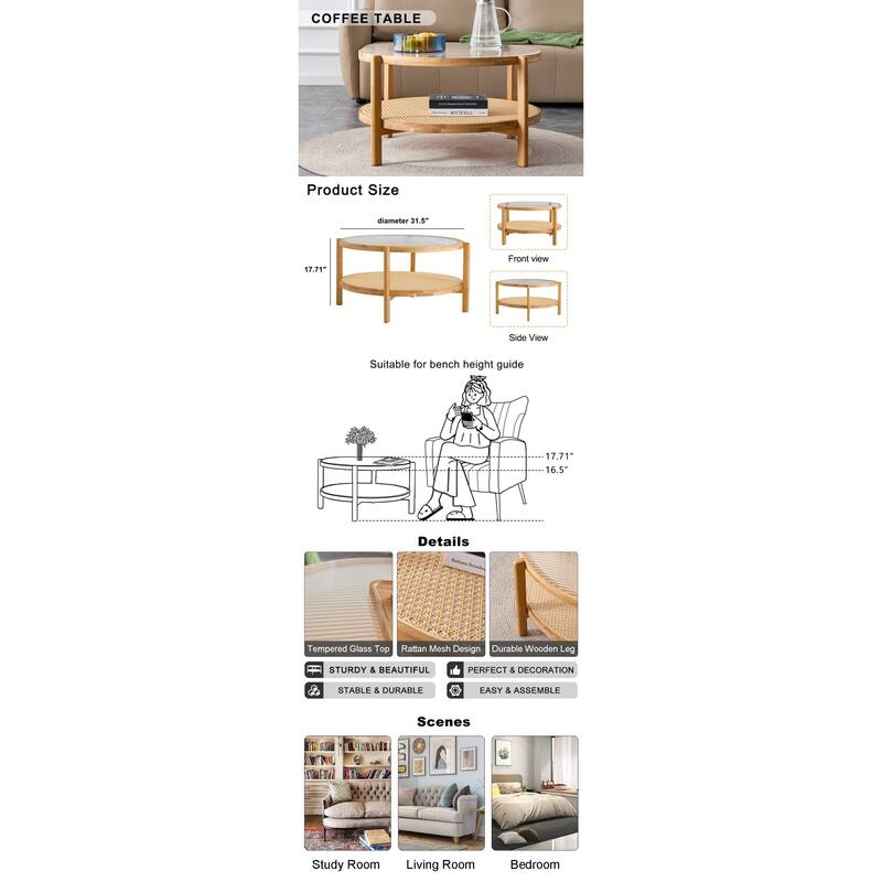 Round Double-Layer Tea Table with Solid Wood Frame, Glass Top & PE Rattan Weaving, Small Side Table for Living Room