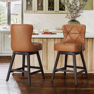 26 in. Mid-Century Modern Faux Leather ans Linen Upholstered Swivel Bar Stools with Wood Frame(Set of 2) - 20"W x 20"D x 39"H