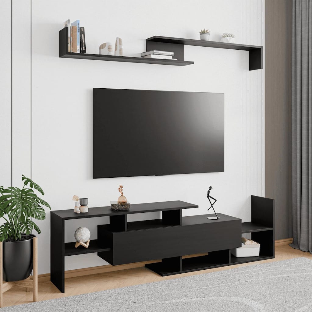 Surrey Multi-functional 60-Inch Modern Wood TV Console with Drawer, Book Case and Open Shelves in Stained Wood Finish