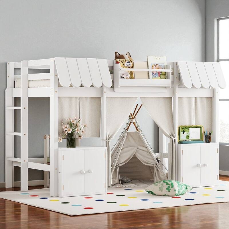 Twin/Full Loft Bed with Bookshelf, Curtain Playhouse, Storage Shelf, Cottage Roof Design and Safety Guardrails for Kids - White - Twin