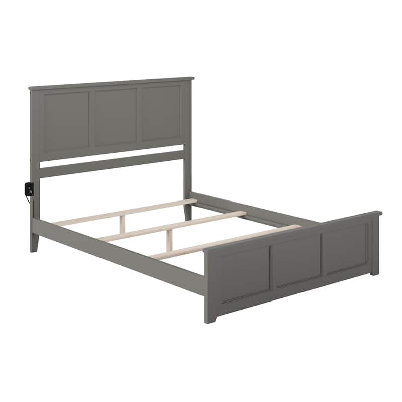 King Size Bed Frame with Footboard & USB - Grey Foundation Bed - Solid Wood Bedroom Furniture