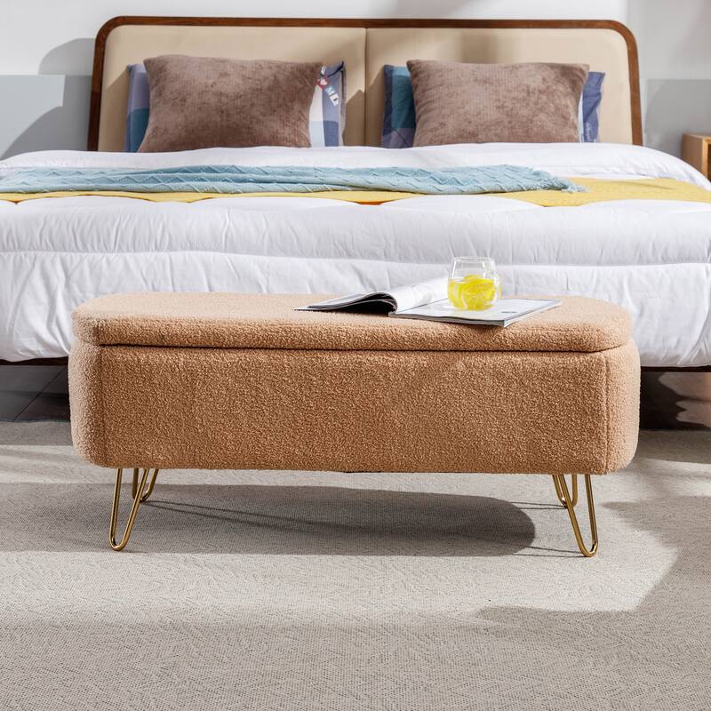 Modern Faux Fur Storage Ottoman Bench with Gold Legs for Living Room, Bedroom, Entryway