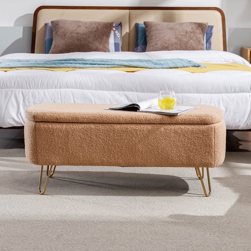 Modern Upholstered Storage Ottoman Bench with Metal Legs