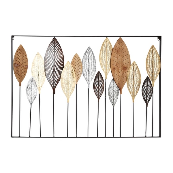 Large Gray Gold and Silver Metal and Wood Leave Sculpture Wall Decor 47" x 31.5". Opens flyout.