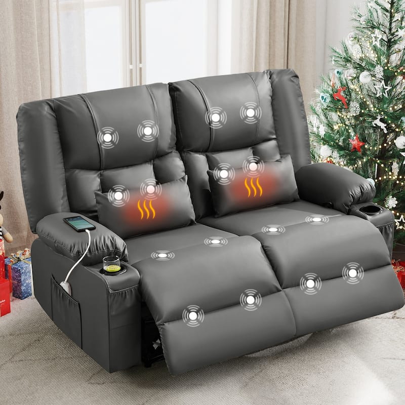 Manual Recliner Loveseat with Massage & Heating, Cup Holders & Side Pocket for Living Room - Grey