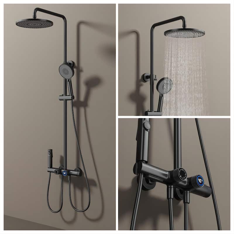 Wall Mounted 6-way Thermostatic Rain Showerhead with high-pressure Handheld Showerhead and Spray in Black/Gold