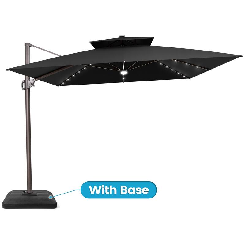 11 FT Outdoor Solar-Powered LED Light Aluminum Double Top Patio Cantilever Umbrella with Fillable Base - Black with Base