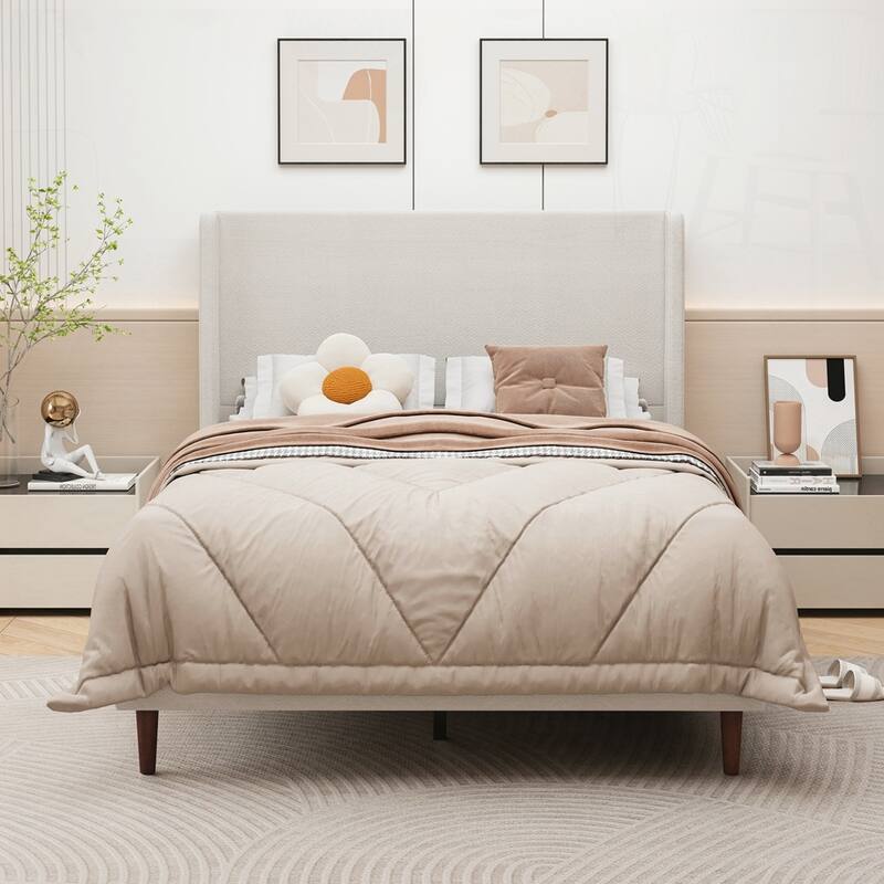 High Headboard Upholstered Bed with 12-Slat Support - Beige/Chenille Cloth - Queen