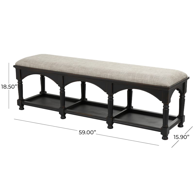 Black Fabric Arched Storage Bench with Traditional Turned Legs and Beige Cushion