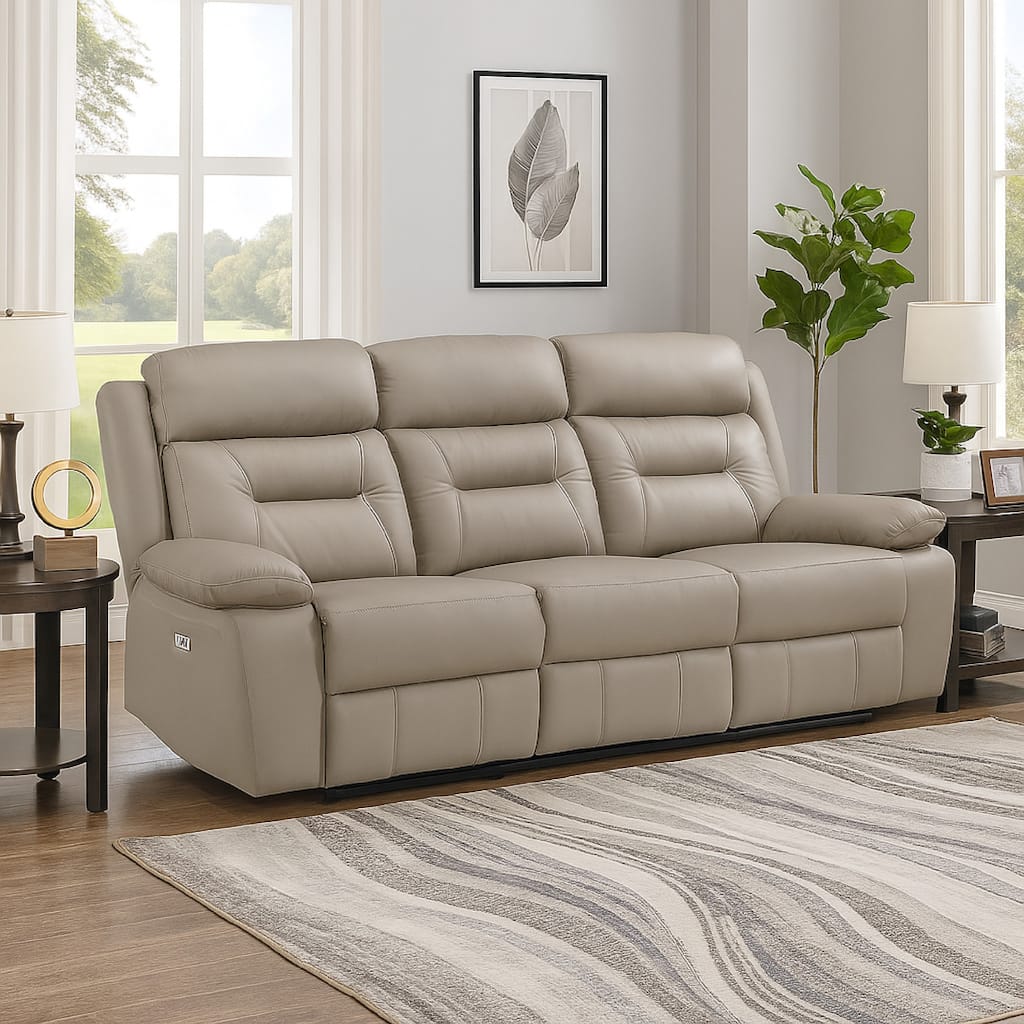 Conia Power Double Reclining Sofa, Latte Beige Leather, USB, 87 Inch