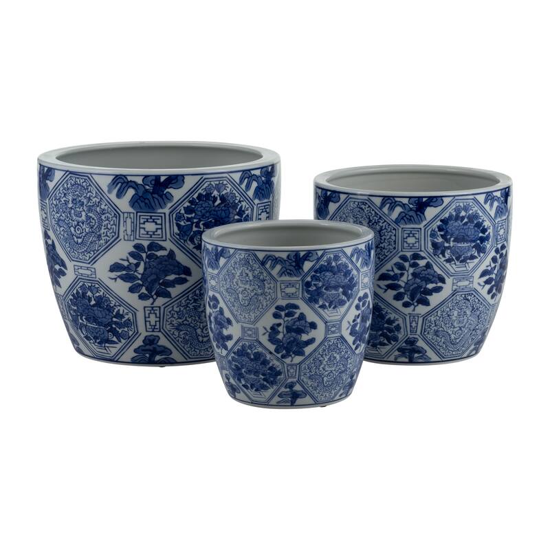 Set of 3 Ceramic Planters Contemporary Vintage Style Blue and White Planters with Chinoiserie Style Design for Home or