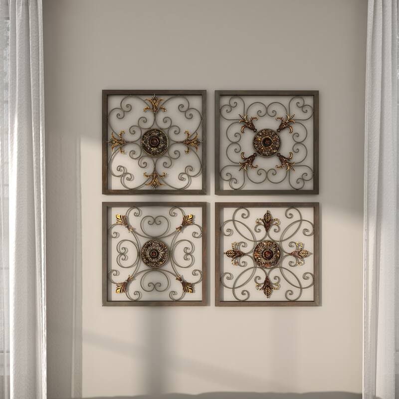 Brown Metal Wire Scroll Fleur De Lis Home Wall Decor with Gold Accents (Set of 4)