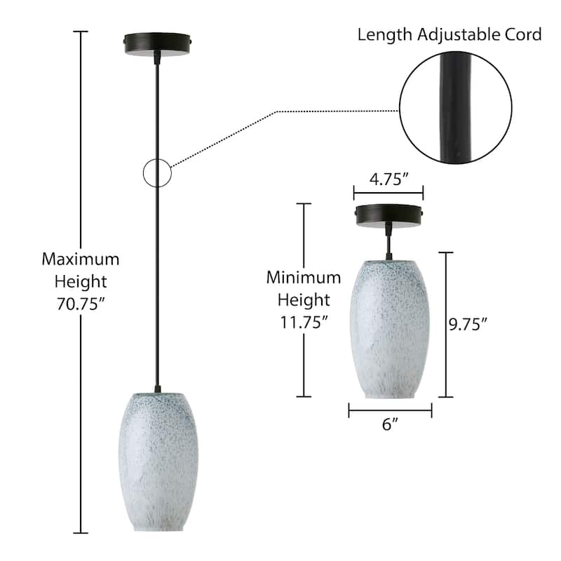 Eliza River of Goods Black Metal and Glass 6-Inch Pendant Light with Adjustable Hanging Cord - 6" x 6" x 70.75"