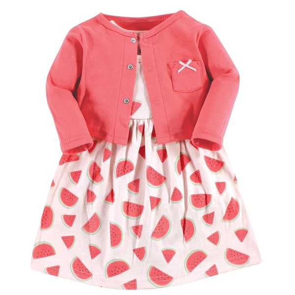 slide 1 of 1, Hudson Baby Toddler Girl Cotton Dress and Cardigan Set, Coral Watermelon 5T - Coral Watermelon