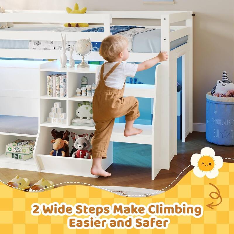 Twin Loft Bed with LED Lights and Storage Bookcase Reading Nook Secret Play Space