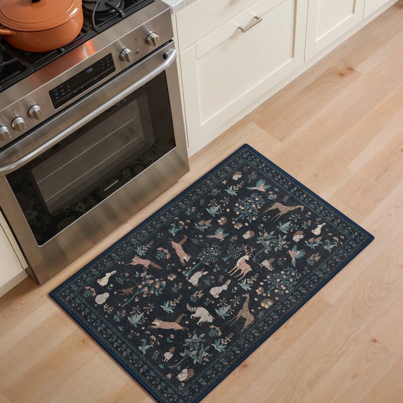 Mcow Woodland Friends Animal Print Low-Pile Machine-Washable Area Rug - Black - 2' x 3' - Rectangle