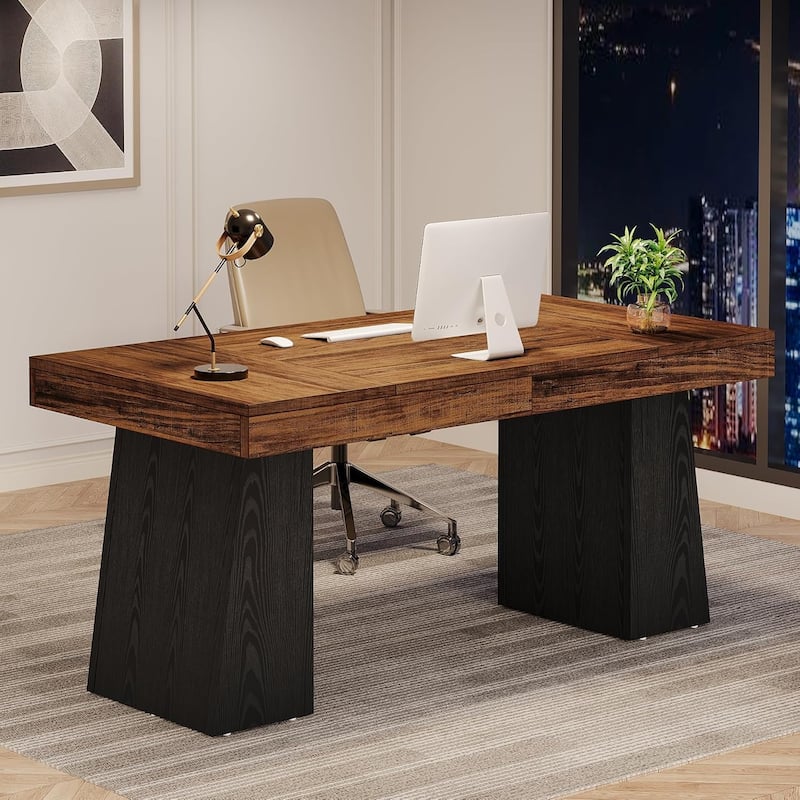 55 Inches Executive Desk with Double Trapezoid Base for home office - 	Black & Brown