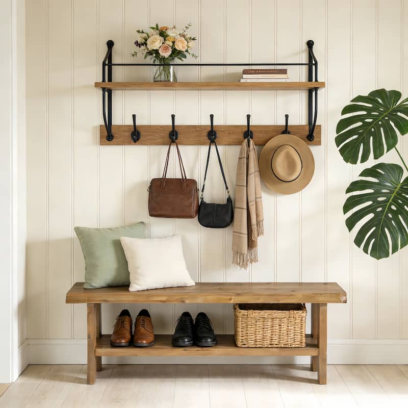 55" Solid Wood Entryway Bench with Storage Shelf - Brown