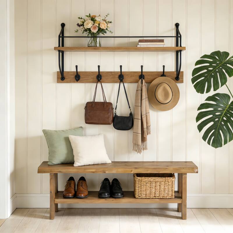 55" Solid Wood Farmhouse Bench with Storage Shelf