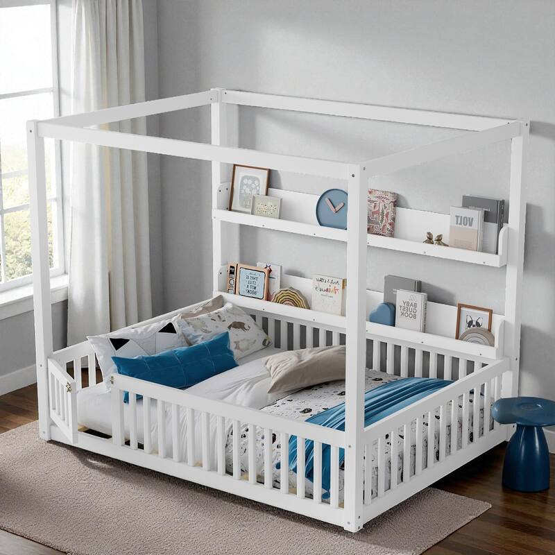 Twin/Full Size Montessori Floor Bed with Canopy and Guardrails, Solid Wood Kids Bed Frame with Shelves, No Box Spring Needed