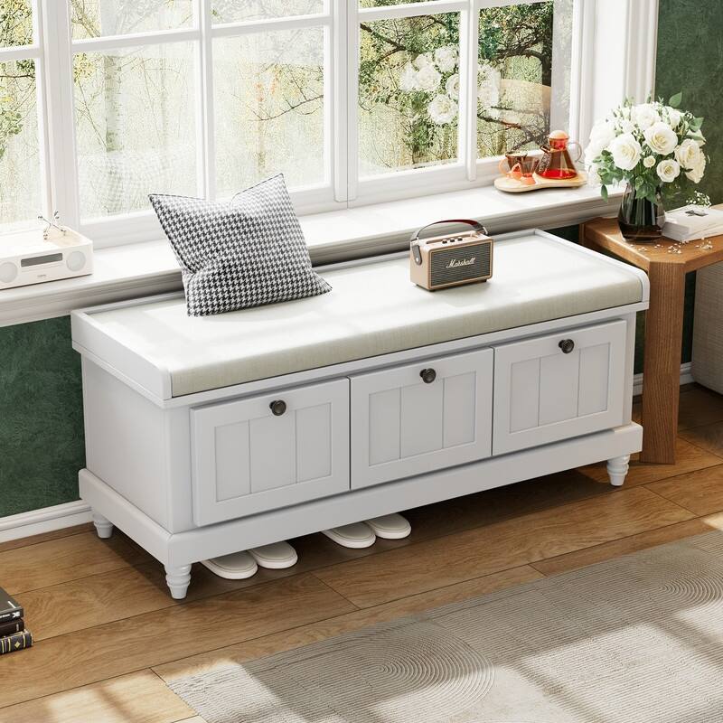 Classic Shoe Bench with Cushion and Three Drawers, Fluted Entryway Bench with Storage for Living Room